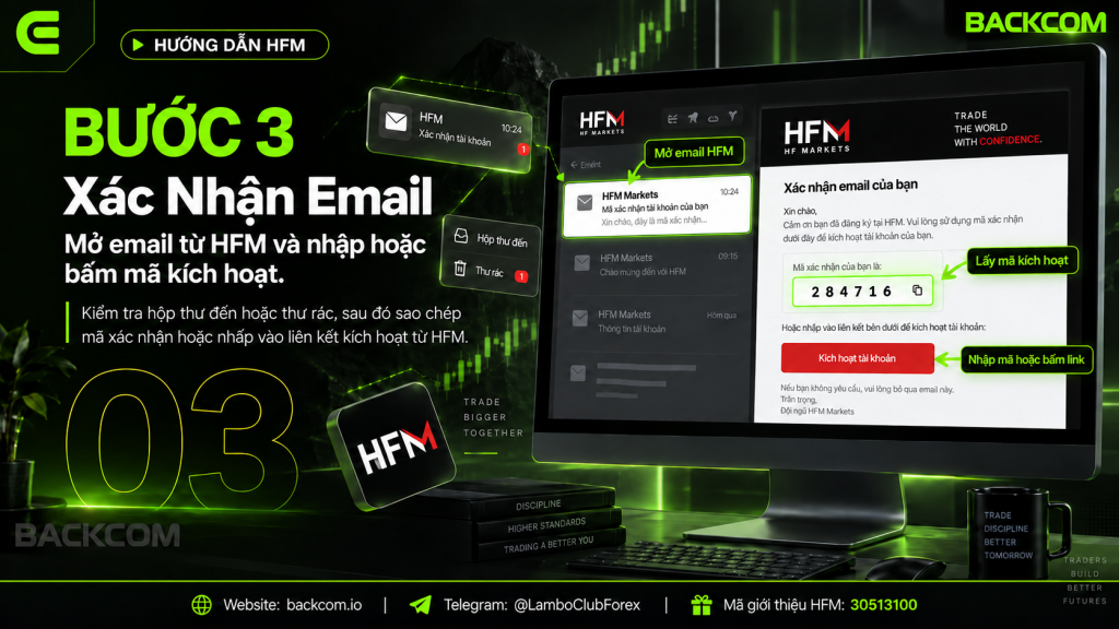 Bước 3 đăng ký tài khoản HFM: mở email từ HFM và nhập mã kích hoạt để xác nhận email