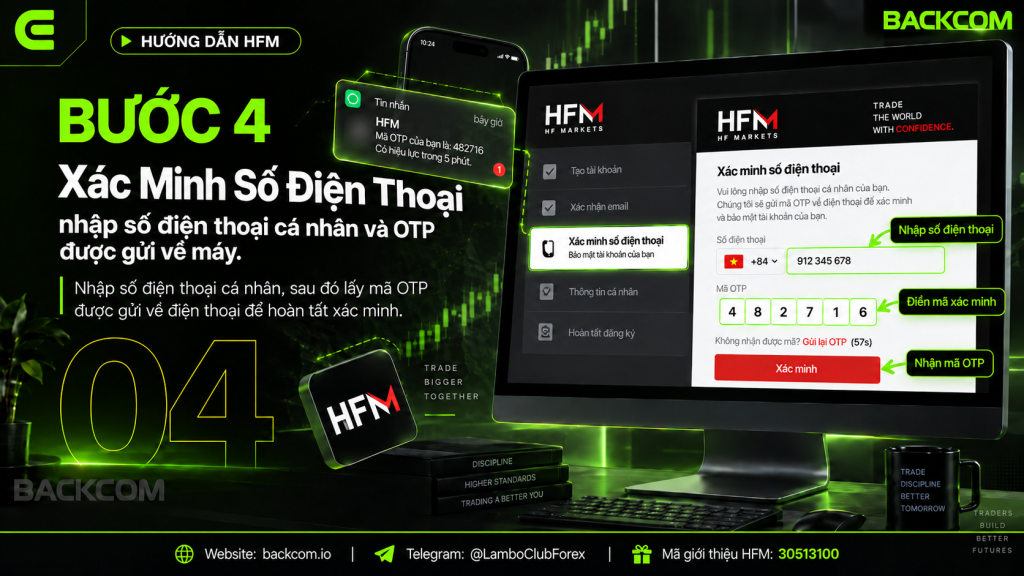 Bước 4 đăng ký tài khoản HFM: nhập số điện thoại +84 và mã OTP để xác minh số điện thoại
