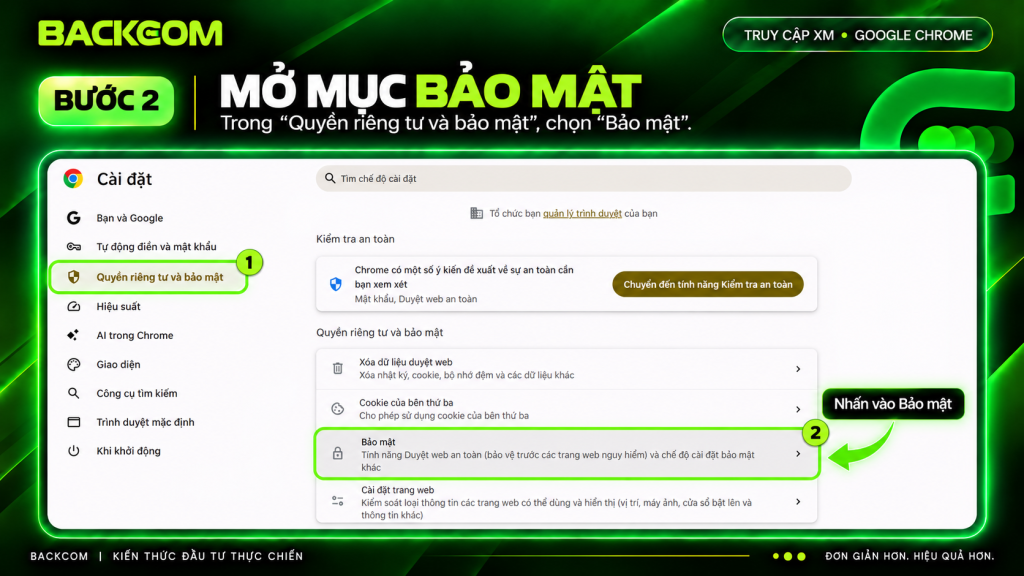 Đổi DNS Chrome bước 2: chọn Quyền riêng tư và bảo mật rồi nhấn vào mục Bảo mật