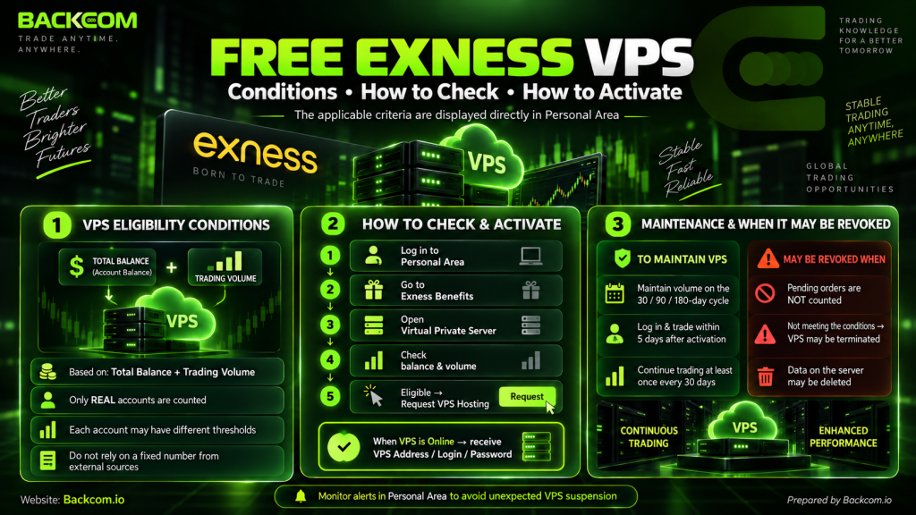 The Exness free VPS is granted to traders who meet balance or trading volume conditions, with the exact criteria shown directly in the Personal Area.