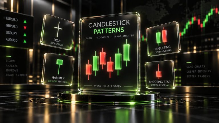 Candlestick pattern flashcards: Doji, Hammer, Engulfing, Shooting Star