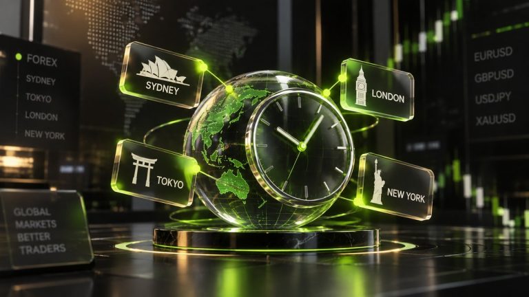 Forex market hours clock with the Sydney, Tokyo, London and New York sessions