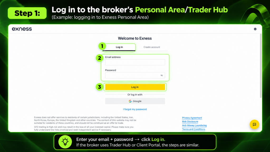 The first step in how to get a forex VPS is signing in to the broker's Personal Area or Trader Hub to review the benefits, the VPS requirements and the VPS section.