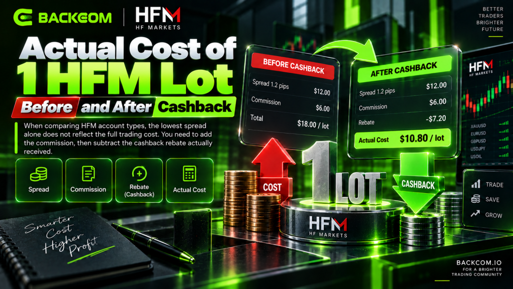 Real cost of one HFM lot before and after Backcom cashback, combining spread, commission and rebate