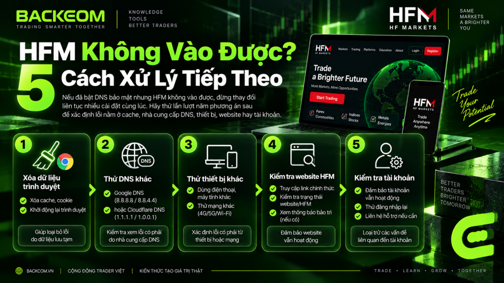 HFM không vào được sau khi đổi DNS: 5 cách xử lý gồm xóa cache, thử DNS khác, thử thiết bị khác, kiểm tra website và kiểm tra tài khoản