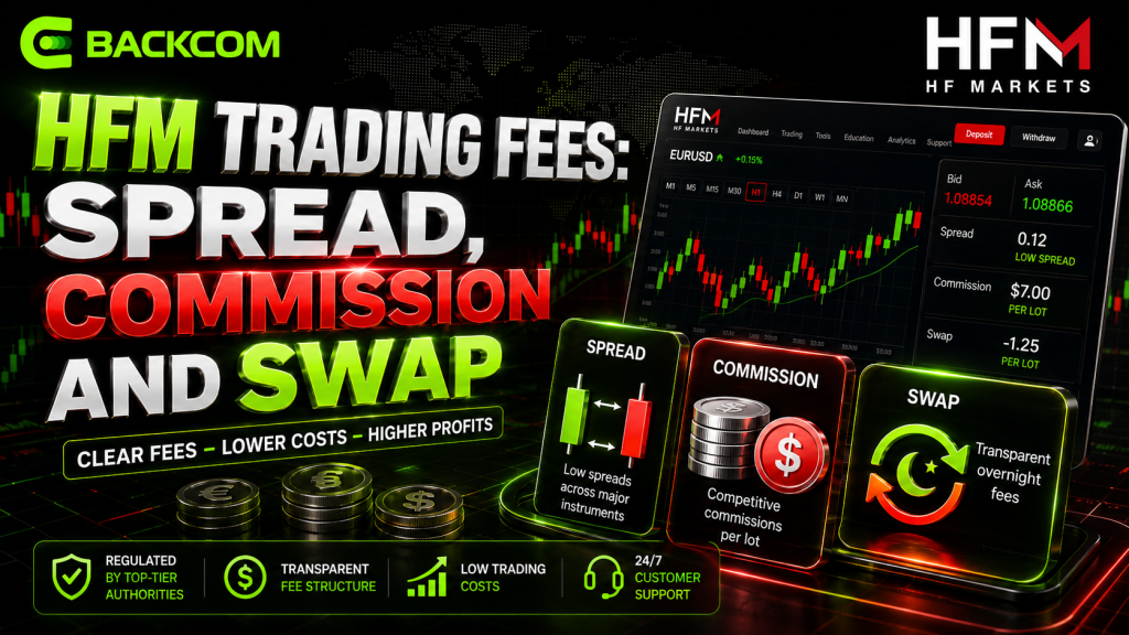 HFM trading fees made up of spread, commission and swap