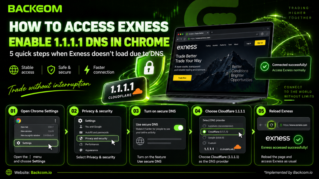 Five simple steps showing how to access Exness by turning on DNS 1.1.1.1 in Google Chrome when the website will not load.