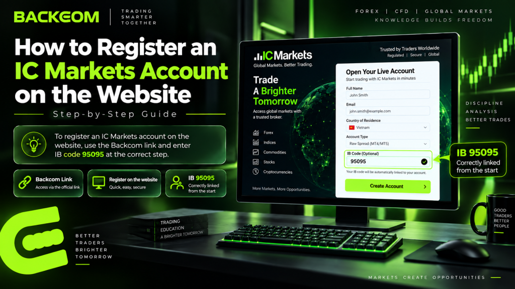 How to open an IC Markets account on the website through the Backcom link with IB code 95095 entered at the right step