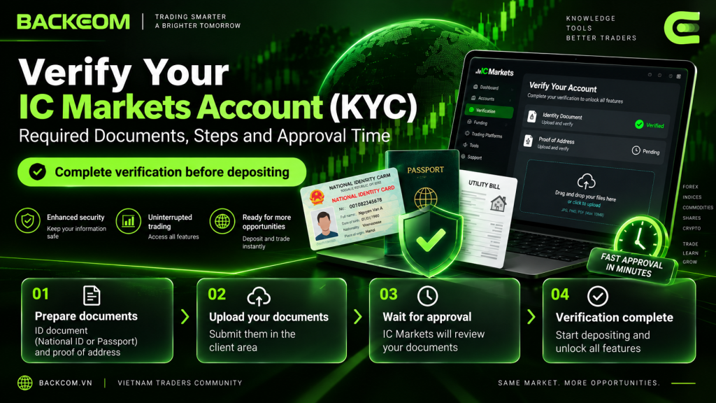 IC Markets account verification with an ID card or passport plus proof of address, uploaded in the client portal and then reviewed