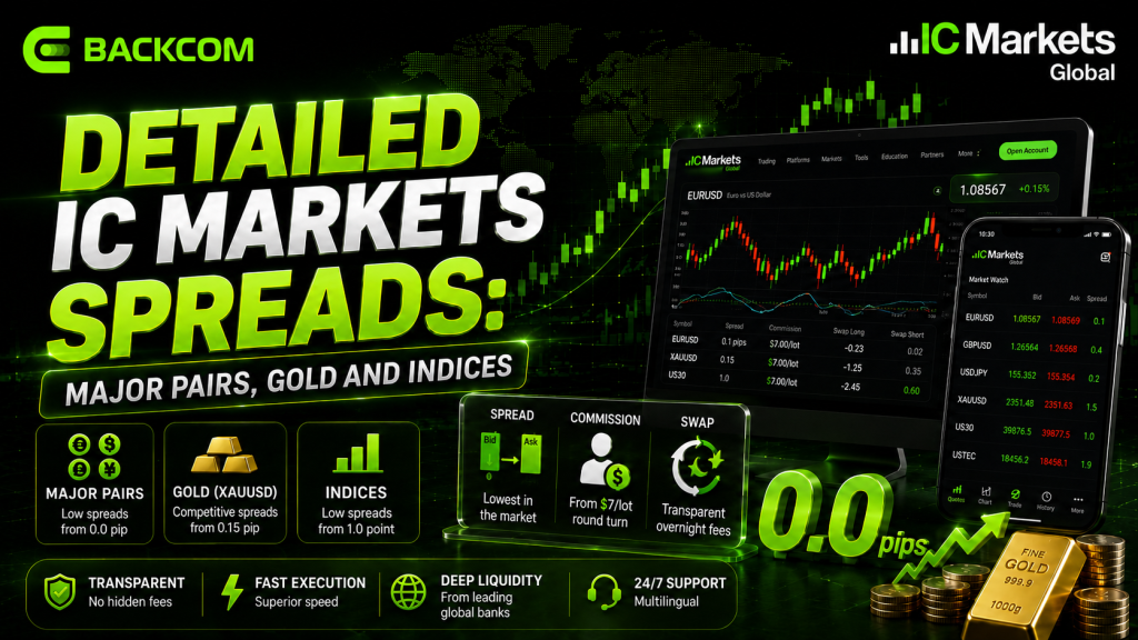 IC Markets trading fees - spread on majors from 0.0 pips, gold from 0.15 pips and indices from 1.0 point