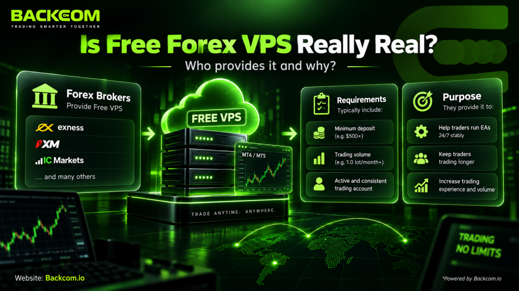 A free forex VPS is a service funded by a broker or by the MQL5 platform for traders who meet conditions on balance, trading volume or ongoing activity.