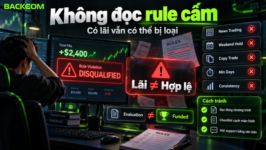 Hình minh họa lỗi bỏ qua rule cấm như giao dịch lúc có tin, giữ lệnh qua cuối tuần hoặc copy trade. Các hạn chế này khác nhau tùy quỹ và loại tài khoản.