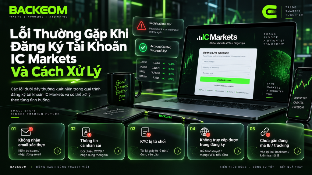 Lỗi thường gặp khi đăng ký tài khoản IC Markets: không nhận email xác thực, sai thông tin cá nhân, KYC bị từ chối, không truy cập được trang đăng ký và chưa gắn đúng mã IB