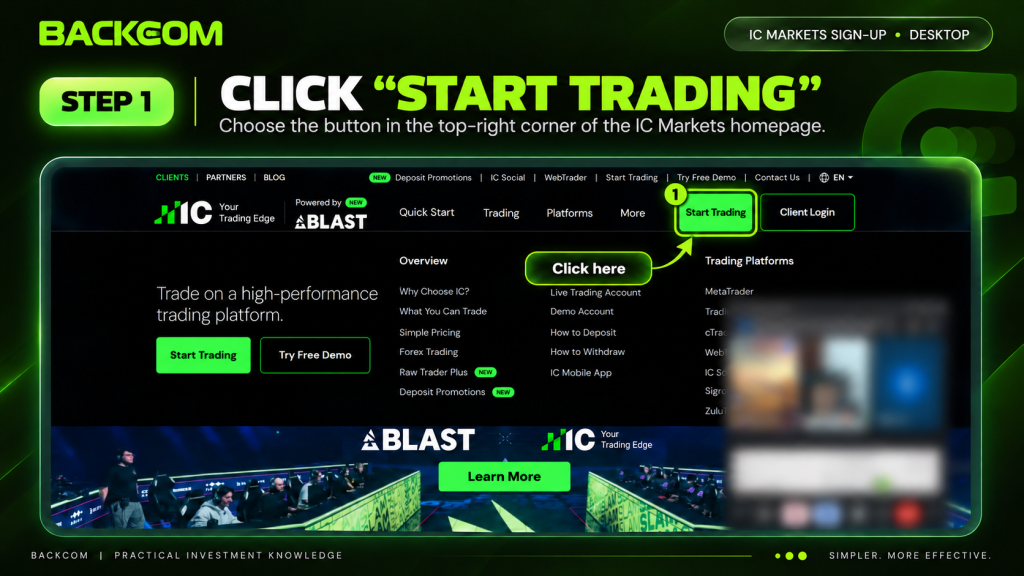Step 1 to open an IC Markets account on web: click the Start Trading button in the top right of the IC homepage