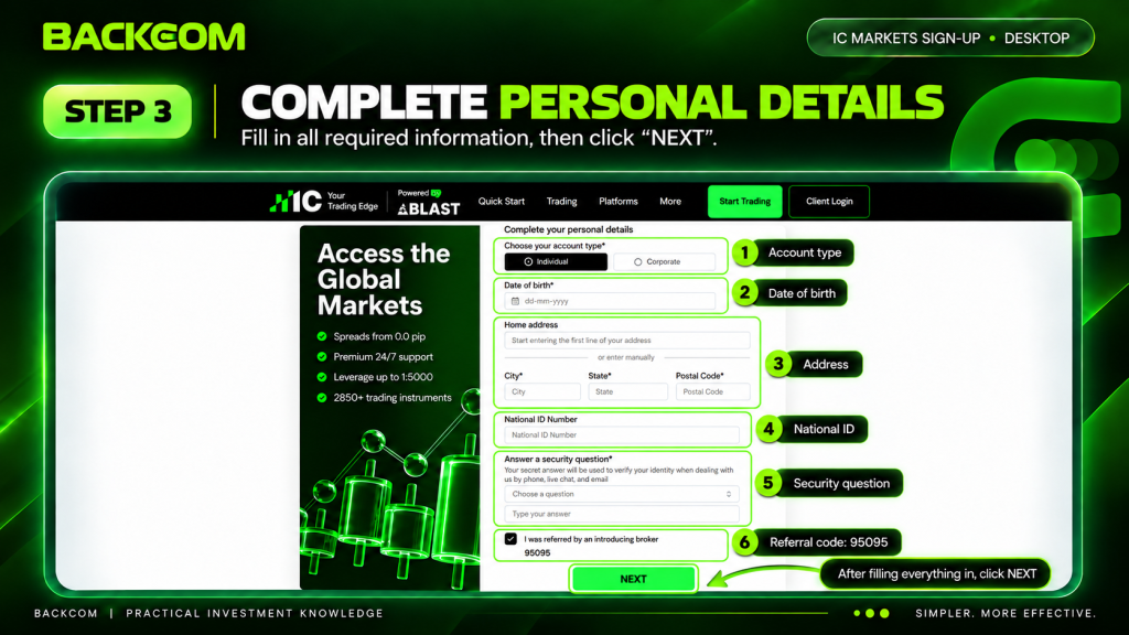 Step 3 to open an IC Markets account: enter date of birth, address, ID number, security question and referral code 95095