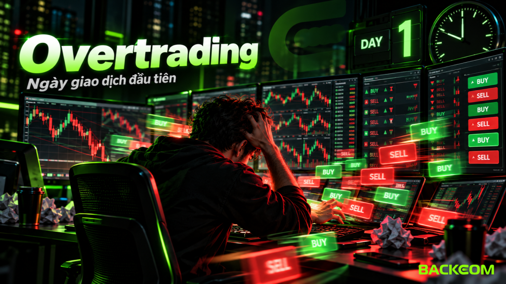 Hình minh họa lỗi overtrading ngày đầu: mở nhiều lệnh kém chất lượng, làm tăng chi phí giao dịch và nguy cơ chạm giới hạn lỗ ngày.