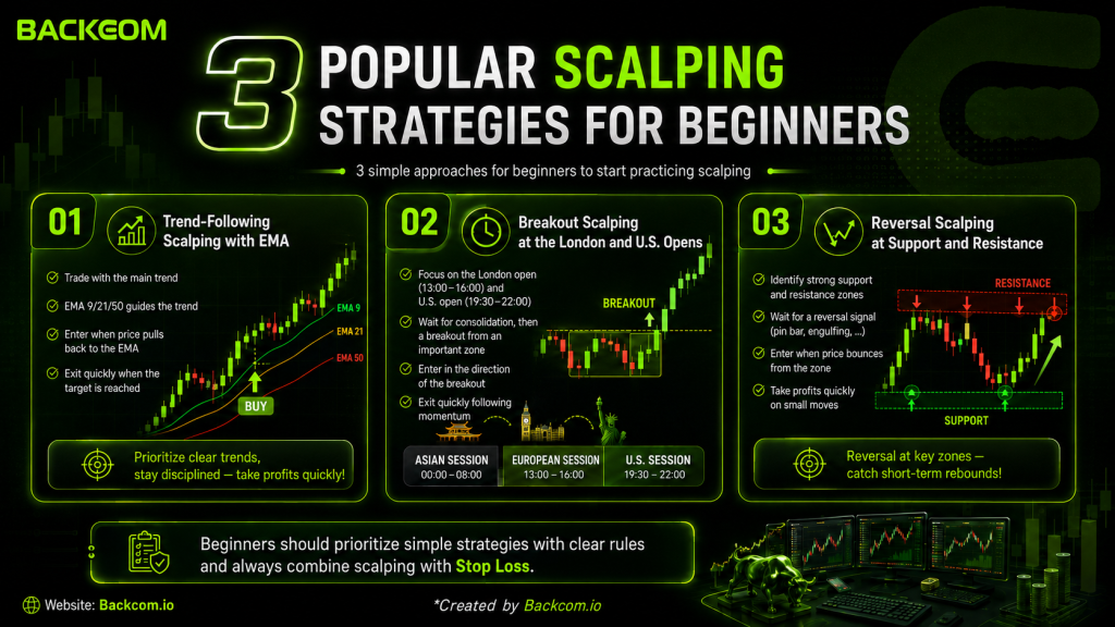 Three popular scalping strategies: trend trading with EMAs, breakout at the London and New York open, and reversals at support and resistance