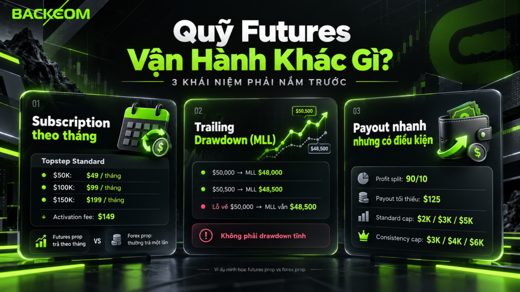 Hình ảnh minh họa cách quỹ futures vận hành qua 3 khái niệm trader cần hiểu trước khi tham gia: phí subscription theo tháng, trailing drawdown và payout. Đây là những khác biệt quan trọng so với nhiều quỹ forex truyền thống và ảnh hưởng trực tiếp đến chi phí, quản lý rủi ro cũng như khả năng duy trì tài khoản.