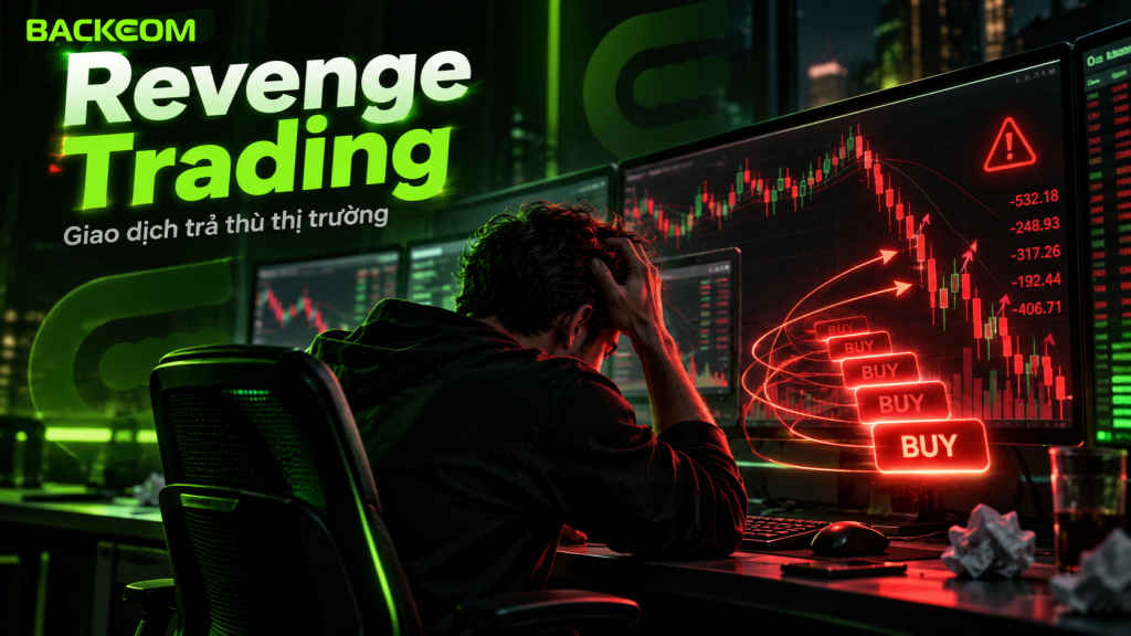 Hình minh họa lỗi revenge trading: trader bỏ qua kế hoạch, tăng khối lượng để gỡ lỗ và có nguy cơ cháy tài khoản challenge.