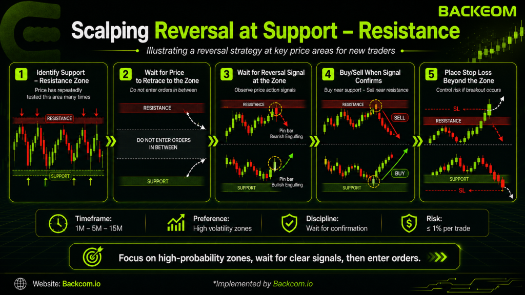 Reversal scalping strategy at support and resistance, watching the price reaction to find a Buy near support or a Sell near resistance