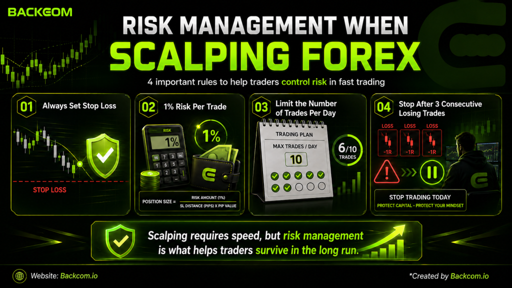 Risk management in forex scalping using Stop Loss, the 1% risk rule per trade, a daily trade limit and stopping after consecutive losses