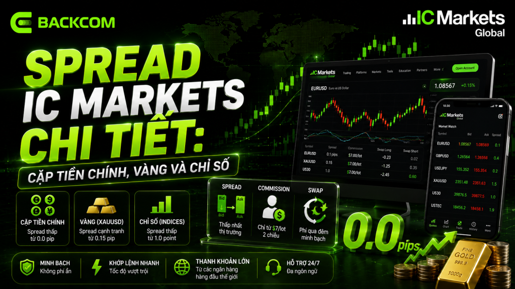 Phí giao dịch IC Markets phần spread: cặp tiền chính từ 0.0 pip, vàng XAUUSD từ 0.15 pip, chỉ số từ 1.0 point
