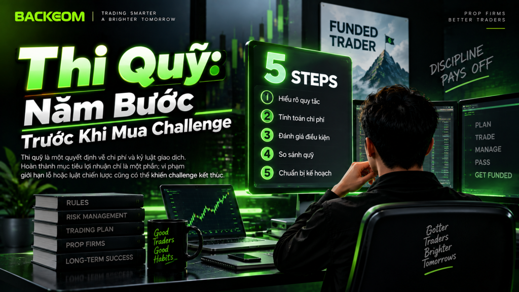 Thi quỹ: năm bước trước khi mua challenge gồm hiểu quy tắc, tính chi phí, đánh giá điều kiện, so sánh quỹ và chuẩn bị kế hoạch