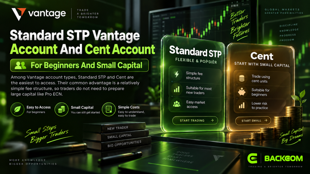 The Vantage Standard STP account and Cent account, two Vantage account types suited to beginners and small-capital traders thanks to a simple fee structure and low entry requirements.