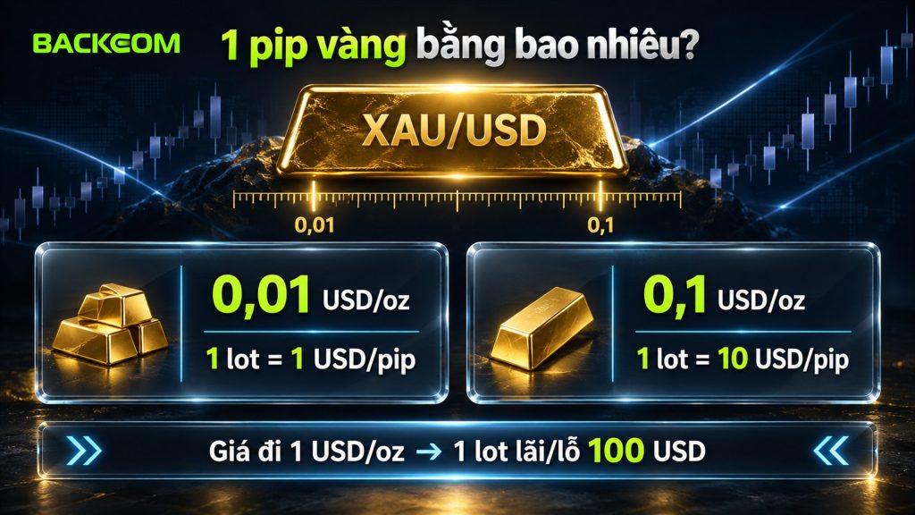 Cách tính pip vàng theo hai quy ước: pip 0,01 USD cho 1 USD mỗi pip với 1 lot, pip 0,1 USD cho 10 USD mỗi pip, giá đi 1 USD thì 1 lot lãi lỗ 100 USD