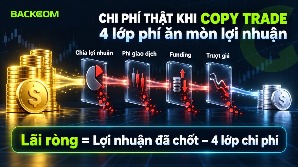 Bốn lớp phí khi copy trade: chia lợi nhuận, phí giao dịch, funding và trượt giá — lãi ròng bằng lợi nhuận đã chốt trừ bốn lớp chi phí