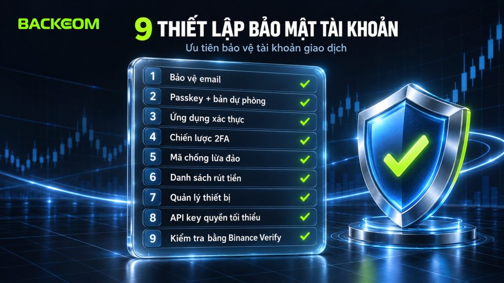 9 thiết lập bảo mật tài khoản Binance: bảo vệ email, passkey dự phòng, ứng dụng xác thực, chiến lược 2FA, mã chống lừa đảo, danh sách rút tiền, thiết bị, API key, Binance Verify