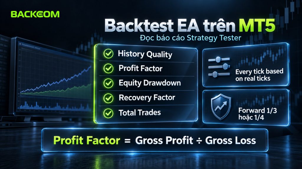 Backtest EA trên MT5: chỉ số cần đọc trong báo cáo Strategy Tester gồm History Quality, Profit Factor, Equity Drawdown, Recovery Factor và Total Trades