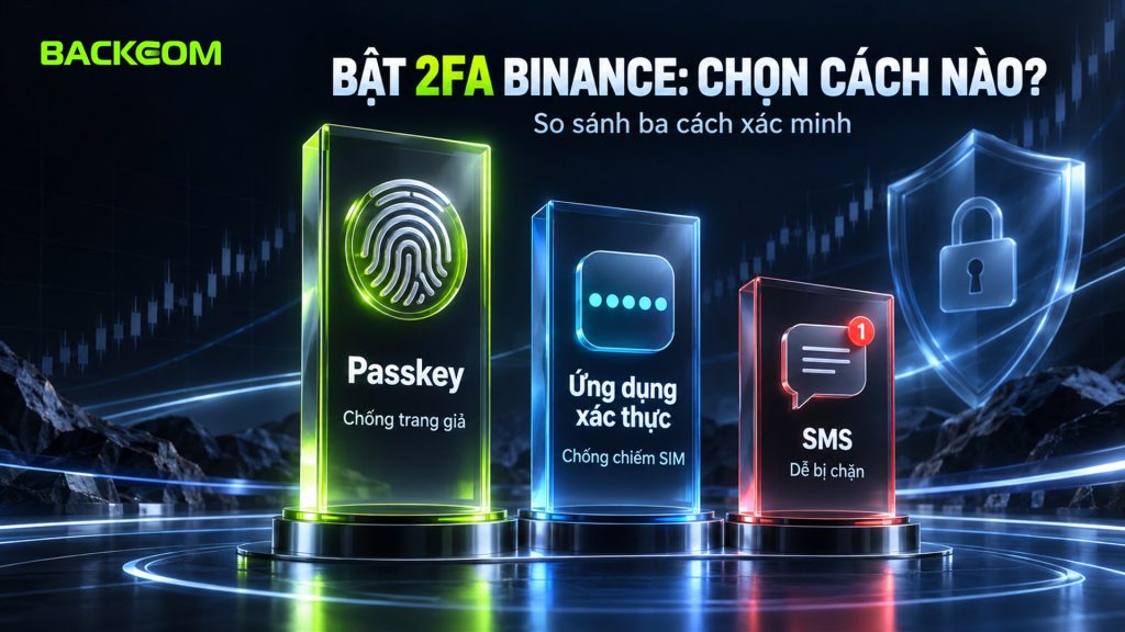 Bật 2FA Binance: passkey chống trang đăng nhập giả, ứng dụng xác thực chống chiếm SIM, SMS dễ bị chặn