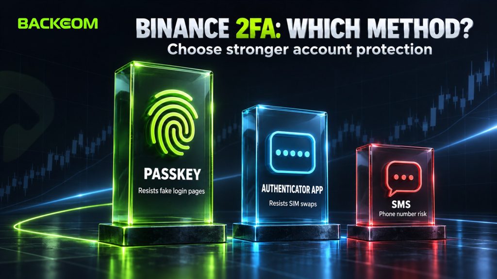 Binance 2FA compared: a passkey resists fake login pages, an authenticator app resists SIM swaps, SMS is easier to intercept
