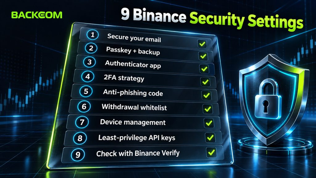 Binance account security checklist: secure email, passkey, authenticator app, 2FA, anti-phishing code, withdrawal whitelist, devices, API keys and Binance Verify