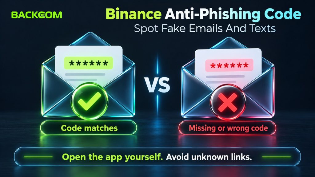 Binance anti-phishing code: a genuine message shows your code, a fake message is missing it or shows the wrong one