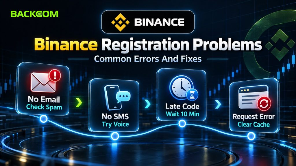 How to register on Binance when codes fail: check spam for missing emails, try voice for missing SMS, wait 10 minutes for late codes, clear cache for request errors