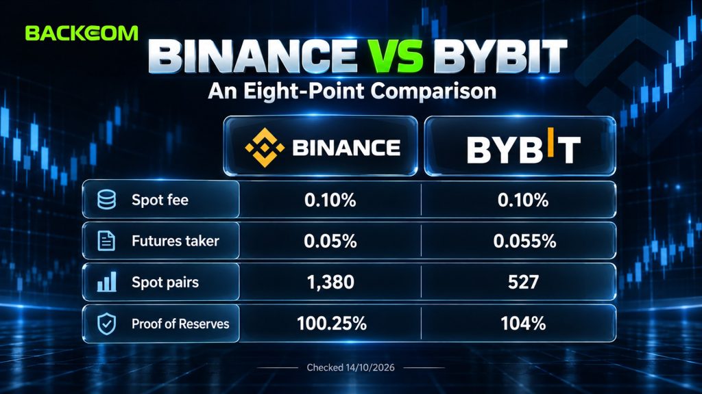 Binance vs Bybit: both charge 0.10% spot, futures taker 0.05% and 0.055%, 1,380 and 527 spot pairs, proof of reserves 100.25% and 104%