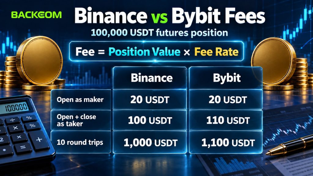 Binance vs Bybit fees on a 100,000 USDT futures position: 20 USDT each as maker, 100 and 110 USDT to open and close as taker