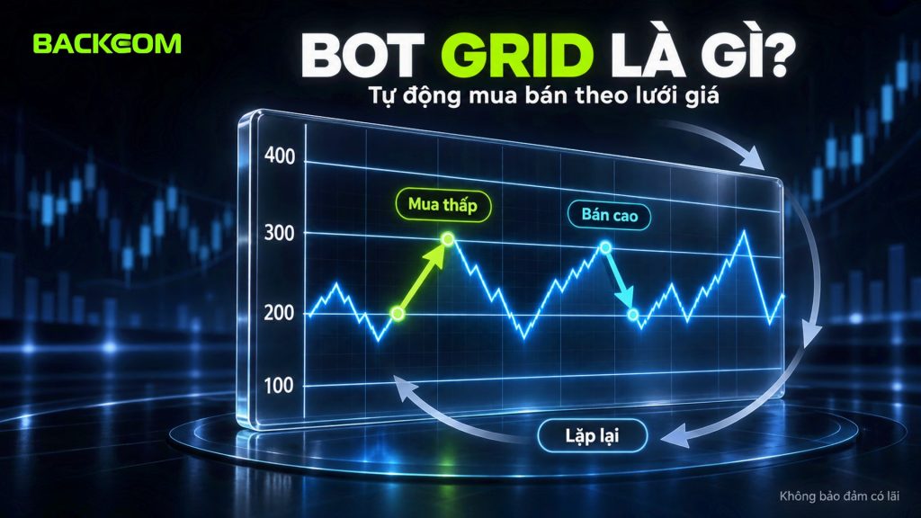 Bot grid là gì: bot giao dịch lưới tự mua thấp, bán cao và lặp lại trong vùng giá 100 đến 400, không bảo đảm có lãi