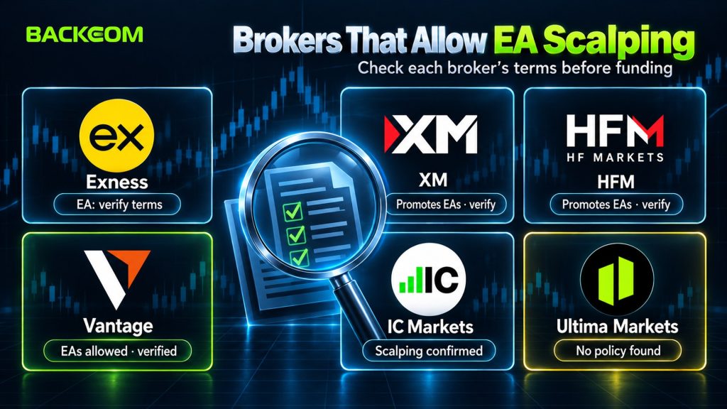 Brokers that allow EA scalping: Vantage verified, IC Markets scalping confirmed, Exness, XM and HFM to verify, and no published policy found for Ultima Markets