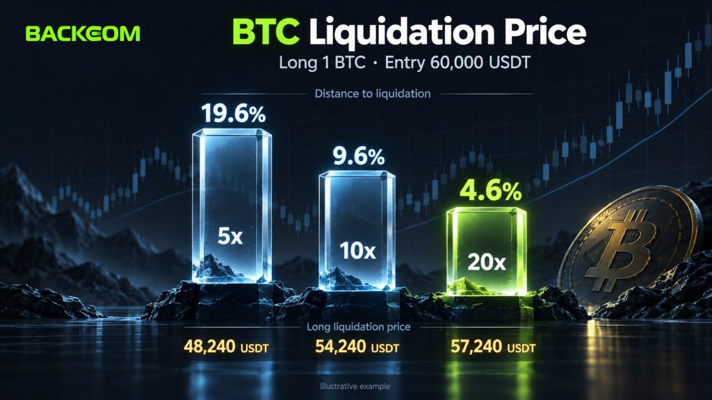 How to calculate liquidation price for a 1 BTC long entered at 60,000 USDT: 48,240 USDT at 5x, 54,240 USDT at 10x and 57,240 USDT at 20x