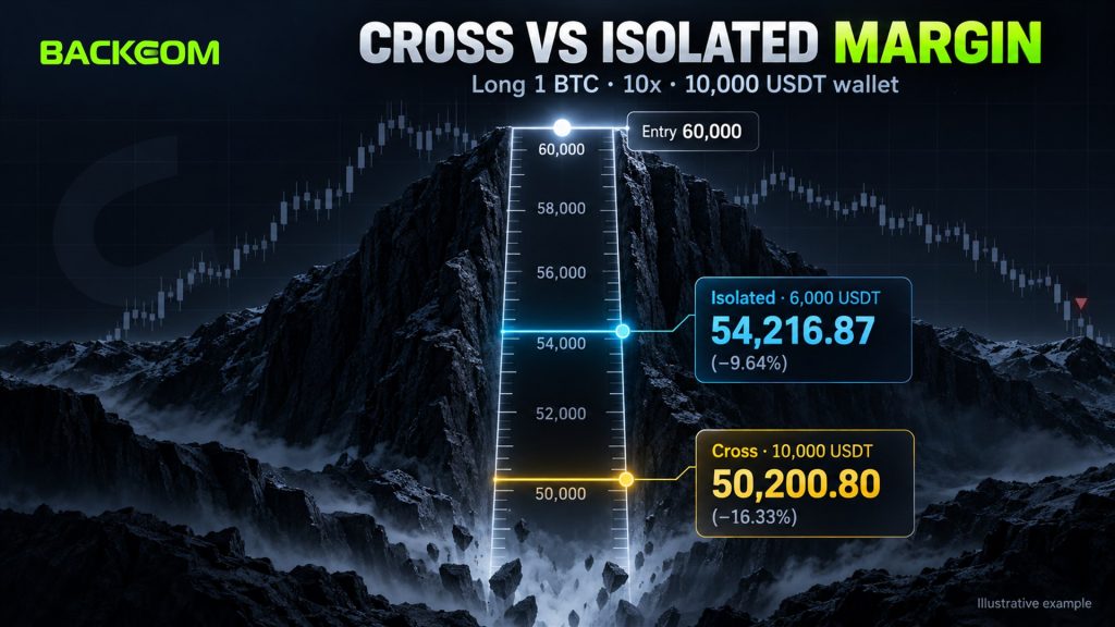 Long 1 BTC at 60,000 USDT with 10x leverage: isolated margin of 6,000 USDT liquidates at 54,216.87, cross margin with a 10,000 USDT wallet liquidates at 50,200.80
