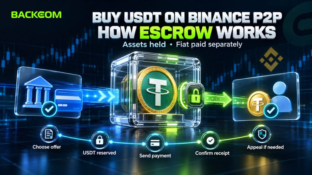 Buy USDT on Binance P2P: escrow reserves the seller's USDT while you choose an offer, send payment, confirm receipt and appeal if needed