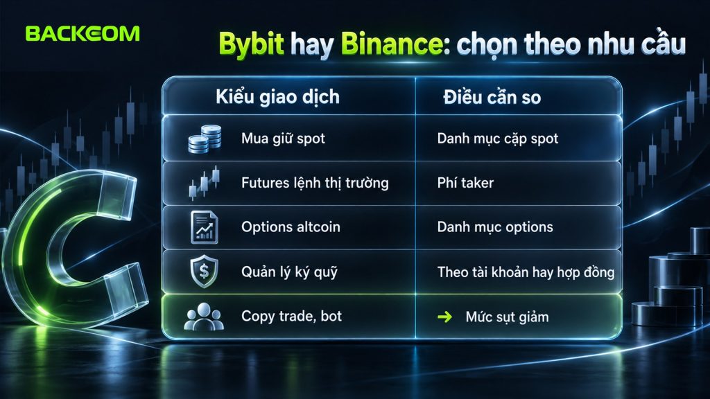 Bybit hay Binance: so danh mục spot, phí taker, danh mục options, cách quản lý ký quỹ và mức sụt giảm của copy trade theo nhu cầu