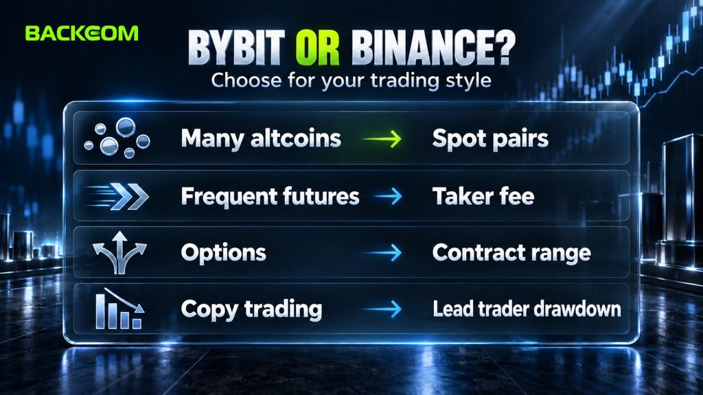 Bybit or Binance by trading style: compare spot pairs, futures taker fees, options range and copy-trading drawdown