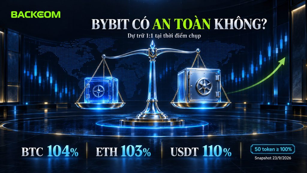 Bybit có an toàn không: proof of reserves kỳ 40 snapshot 23/9/2026 với BTC 104%, ETH 103%, USDT 110%, 50 token đều từ 100%