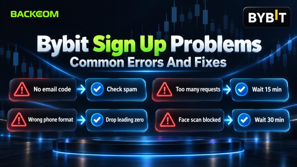 How to sign up for Bybit when errors appear: check spam for a missing email code, wait 15 minutes after too many requests, drop the leading zero, wait 30 minutes after a blocked face scan