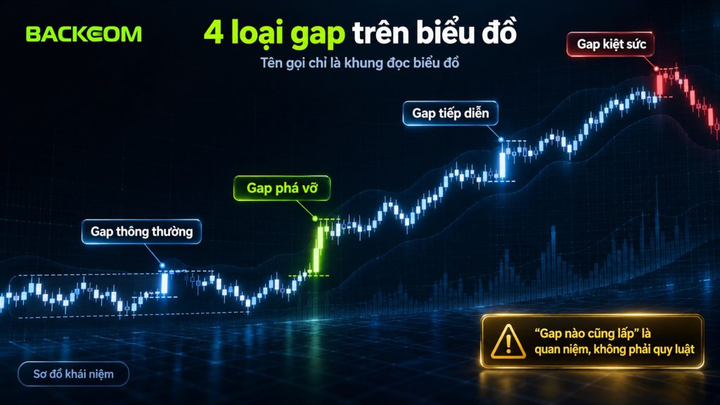 Các loại gap: gap thông thường, gap phá vỡ, gap tiếp diễn và gap kiệt sức, cùng nhận định gap nào cũng lấp không phải quy luật