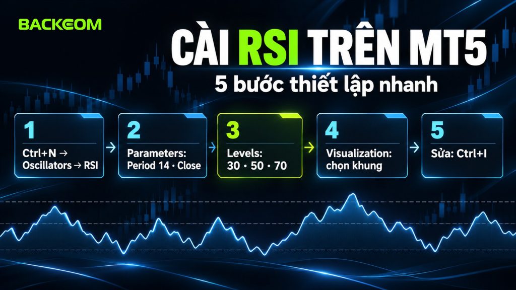 Các bước cài RSI trên MT5: Navigator, tab Parameters, Levels, Visualization và Indicator List